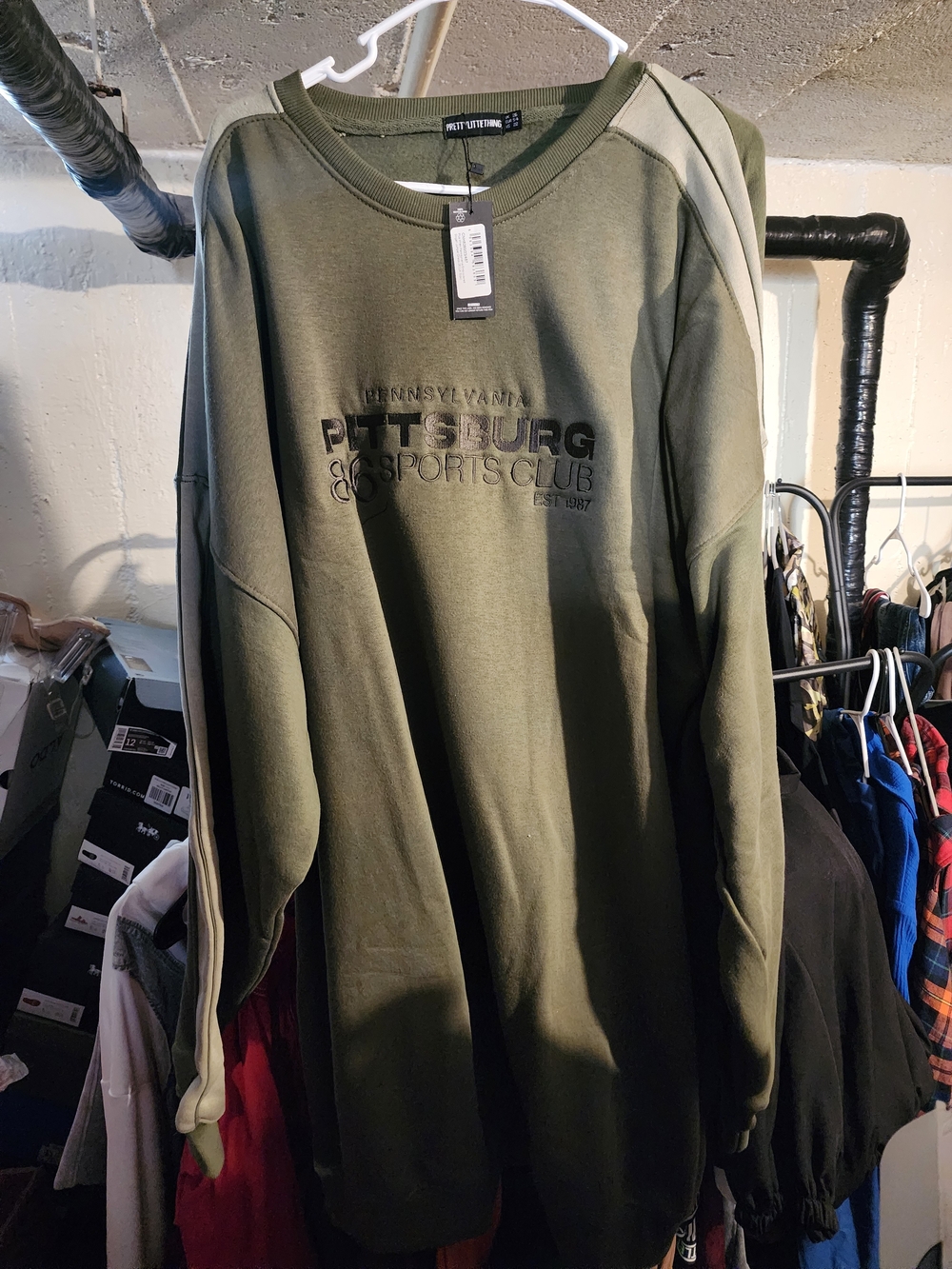 New Look Olive Green Crewneck Sweatshirt Dress with Cream Stripe